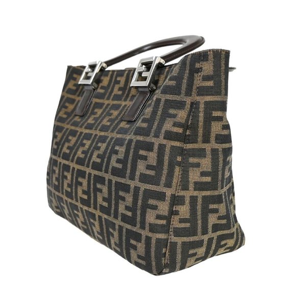 FENDI Logo Zucca Pattern Hand Tote Bag Canvas Leather Brown Silver Italy - Picture 1 of 16